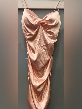 DONNEE PAR DIEU Peach Satin Ruched Mini Dress Strapless Bodycon Dress Size Small